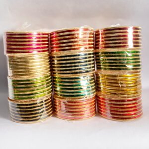 Full range display of 13-piece gold plated knurling metal bangles in 12 vibrant colors – wholesale set from Malad, Mumbai